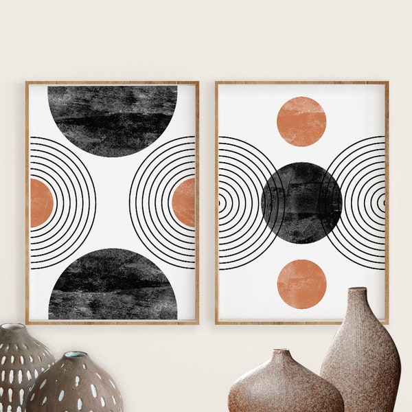 Mid Century Modern Wall Art Print Set of 2, Black White Orange Minimal Gallery Art, Neutral Abstract Geometric Digital download Prints