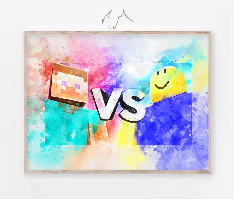 Roblox Poster Nube Vs Steve Watercolor Printsble Kids Printables Girl Room Nursery Decor Art Instant Download - 