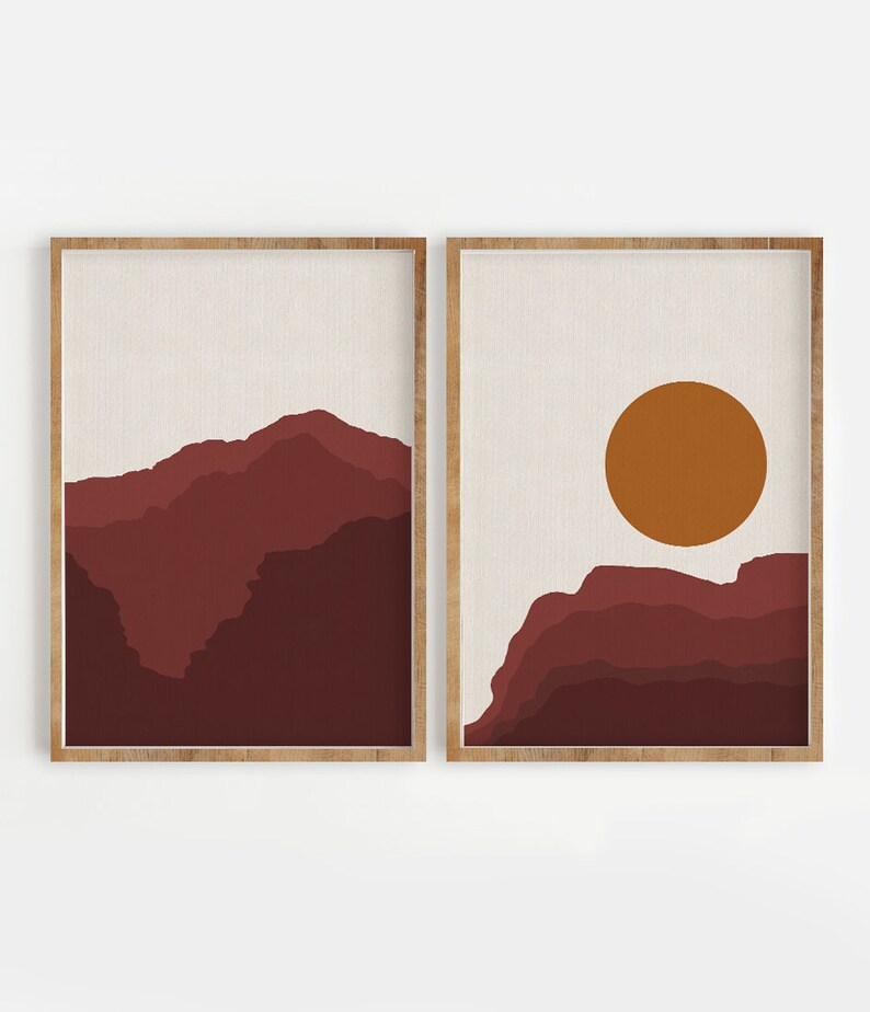 Abstract Landscape Print Set of 2 Mountain Desert Sunset image 1
