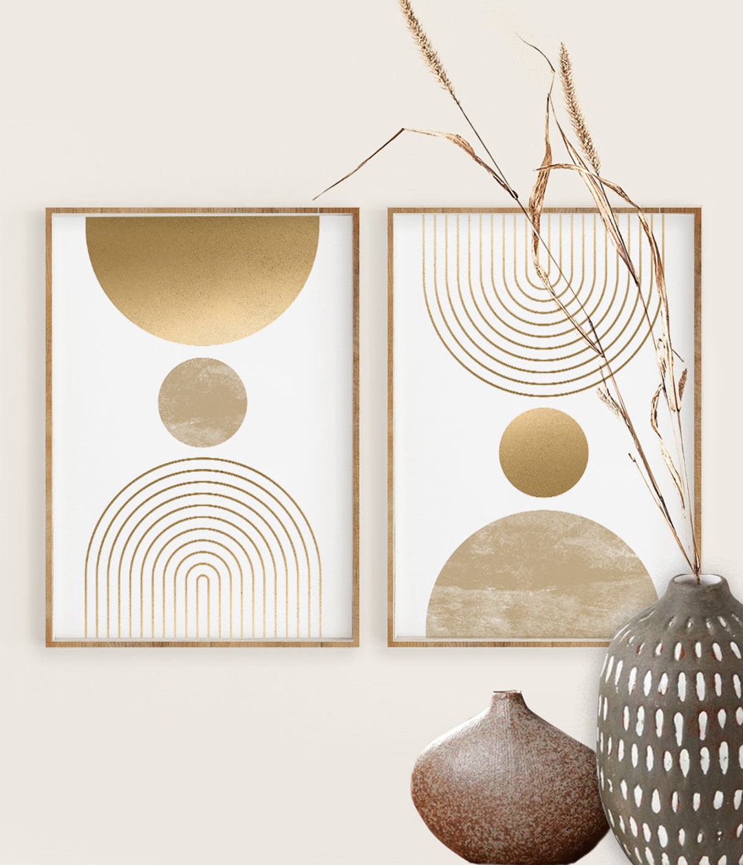 Mid Century Modern Wall Art Print Set of 2, Neutral Abstract Geometric ...