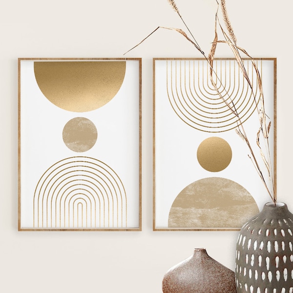 Mid Century Modern Wall Art Print Set de 2, Impresiones de descarga digital geométrica abstracta neutral, Boho White Beige Gold Minimal Gallery Art