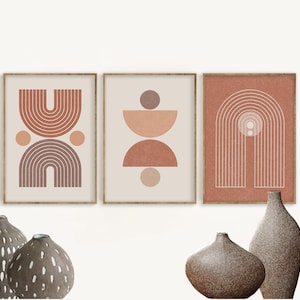 Mid Century Modern Art Print Set of 3, Neutral Geometric Wall Art ...