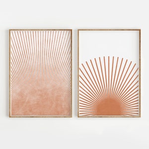 Mid-Century Modern Sun Print Set of 2, Abstract Terracotta Sunset Digital download Prints, Nursery Minimal Gallery Wall Art