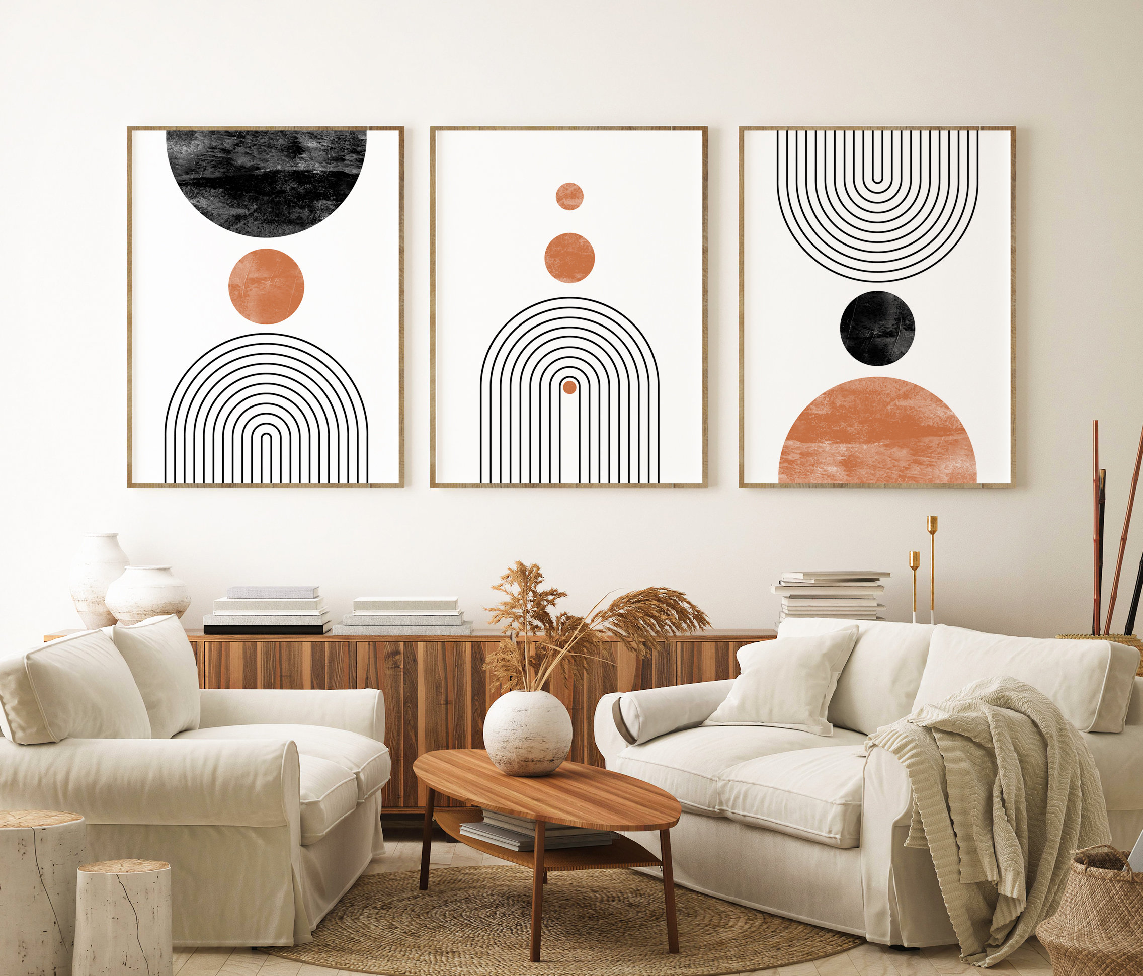 Mid Century Modern Wall Art Print Set of 3, Neutral Abstract
