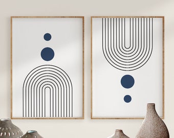 Mid Century Modern Art Print, Geometric Wall Art, Rainbow Digital download Prints, Abstract Black White Navy Blue Minimal Gallery Art