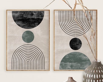 Mid Century Modern Wall Art Print Set of 2, Neutral Abstract Geometric Digital download Prints, Black Beige Green Minimal Gallery Art