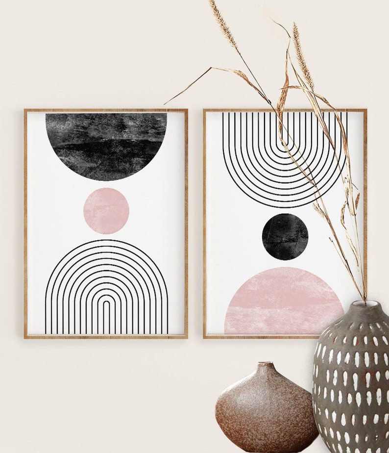 Mid Century Modern Wall Art Print Set of 2, Black Pink Abstract ...