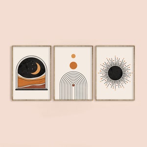 Mid Century Modern Art Print Set of 3, Neutral Geometric Wall Art, Moon, Rainbow, Sun Digital download, Abstract Gallery Terracotta Art image 2