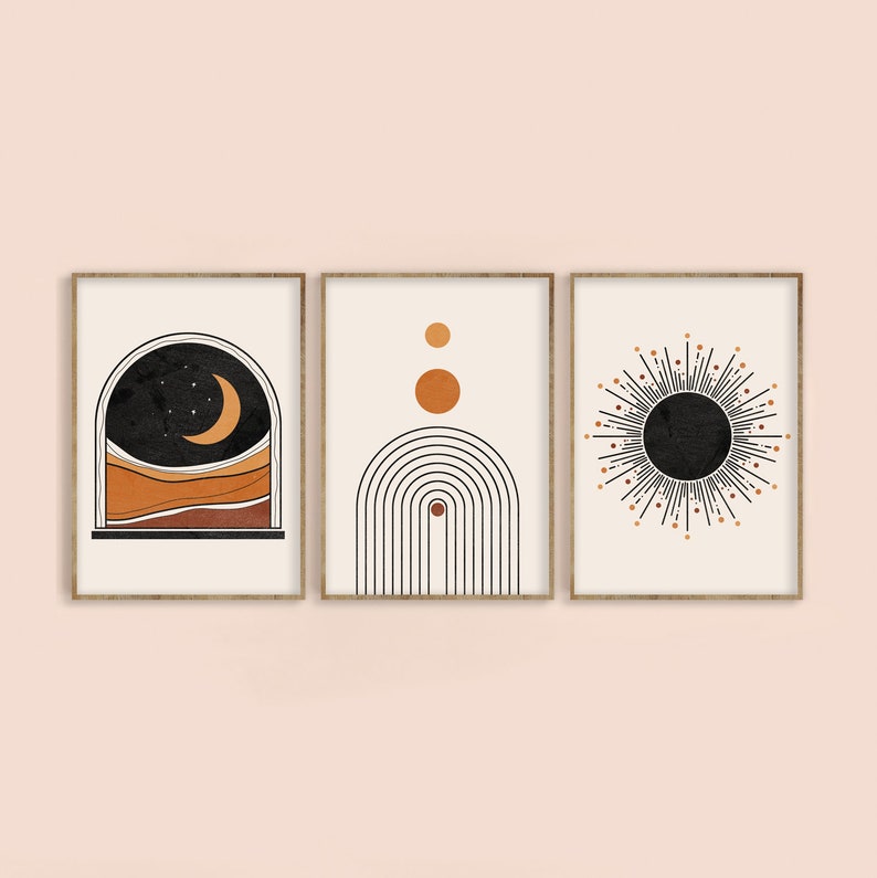 Mid Century Modern Art Print Set of 3, Neutral Geometric Wall Art, Moon, Rainbow, Sun Digital download, Abstract Gallery Terracotta Art image 2