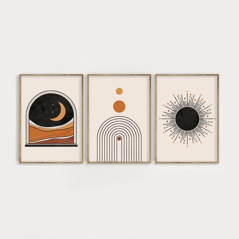 Mid Century Modern Art Print Set of 3, Neutral Geometric Wall Art, Moon, Rainbow, Sun Digital download, Abstract Gallery Terracotta Art image 1