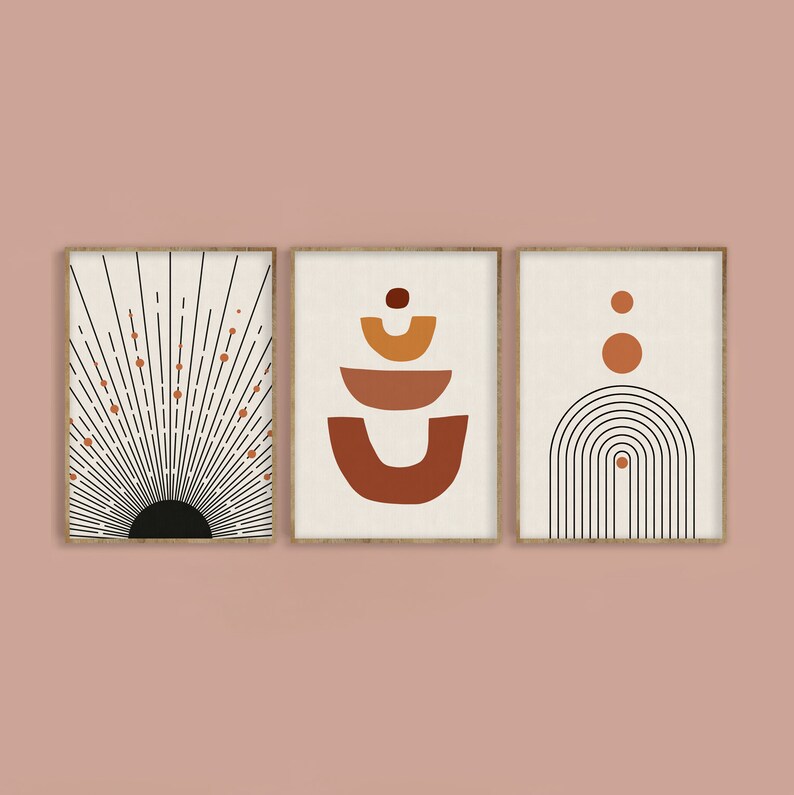 Mid Century Modern Art Print Set of 3, Neutral Geometric Gallery Wall ...