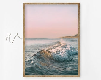 Beach Print, Coastal Print, Pink Ocean Print, Wall Art, Wave, Dorm Decor, Sunset Photography, Digital Download, Beach printable art