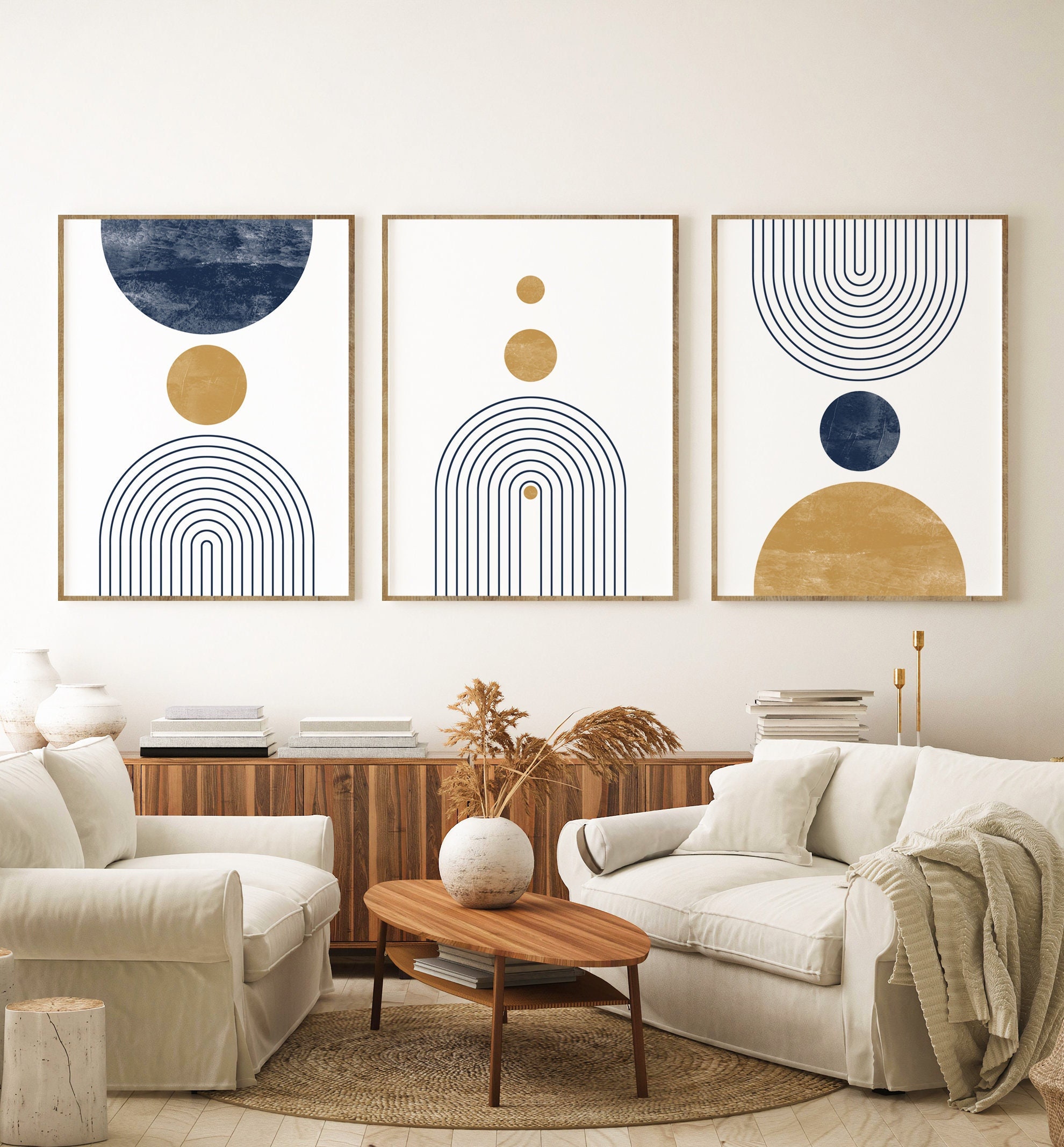 Mid Century Modern Wall Art Print Set of 3 Blue and Orche Etsy