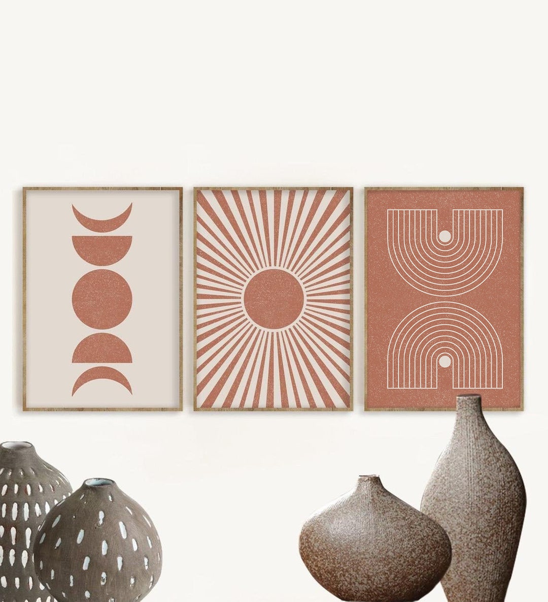Terracotta Boho Sun Print Set of 3, Mid Century Modern Art, Neutral ...