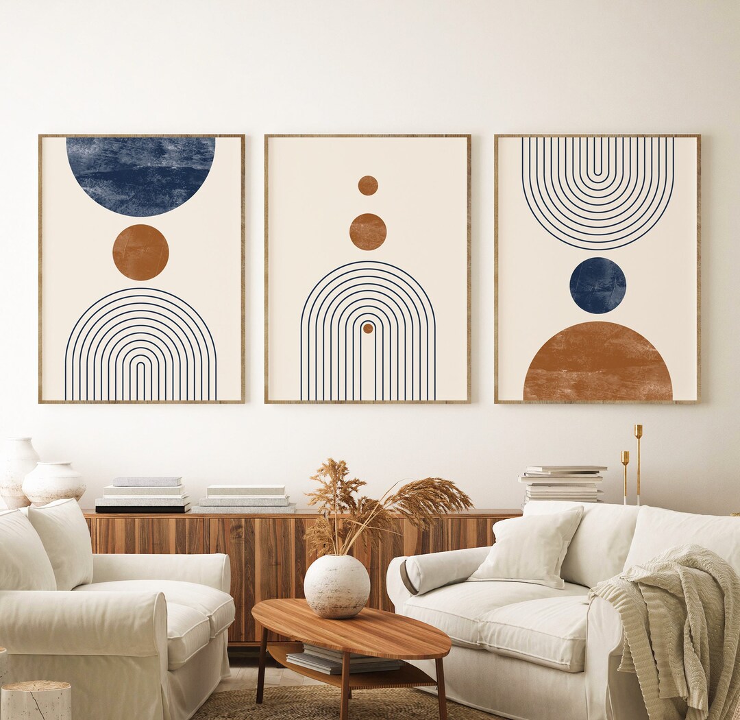 Mid Century Modern Wall Art Print Set of 3 Blue and - Etsy