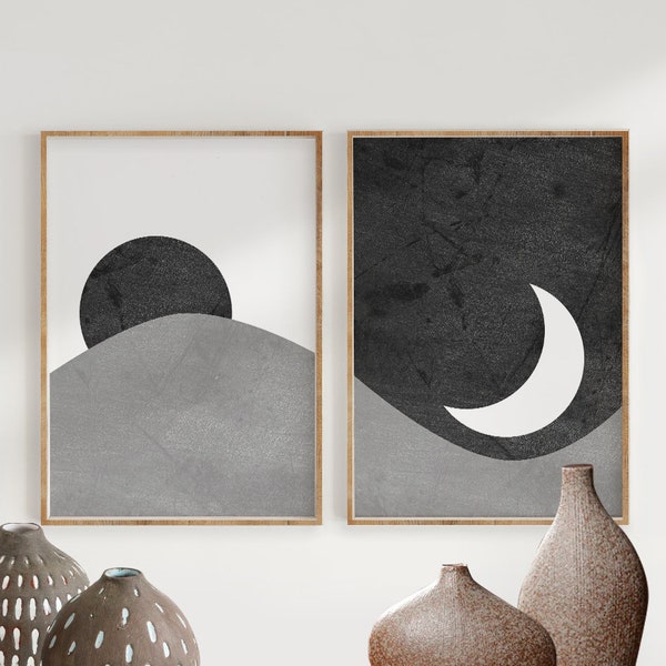 Black and White Sun and Moon Print Set of 2, Abstract Landscape, Printable Mid Century Modern Minimal Wall Art, Digital download, Boho Print