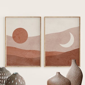 Boho Sun and Moon Print Set of 2, Abstract Landscape, Terracotta Printable Mid Century Modern Minimal Wall Art, Digital download, Prints