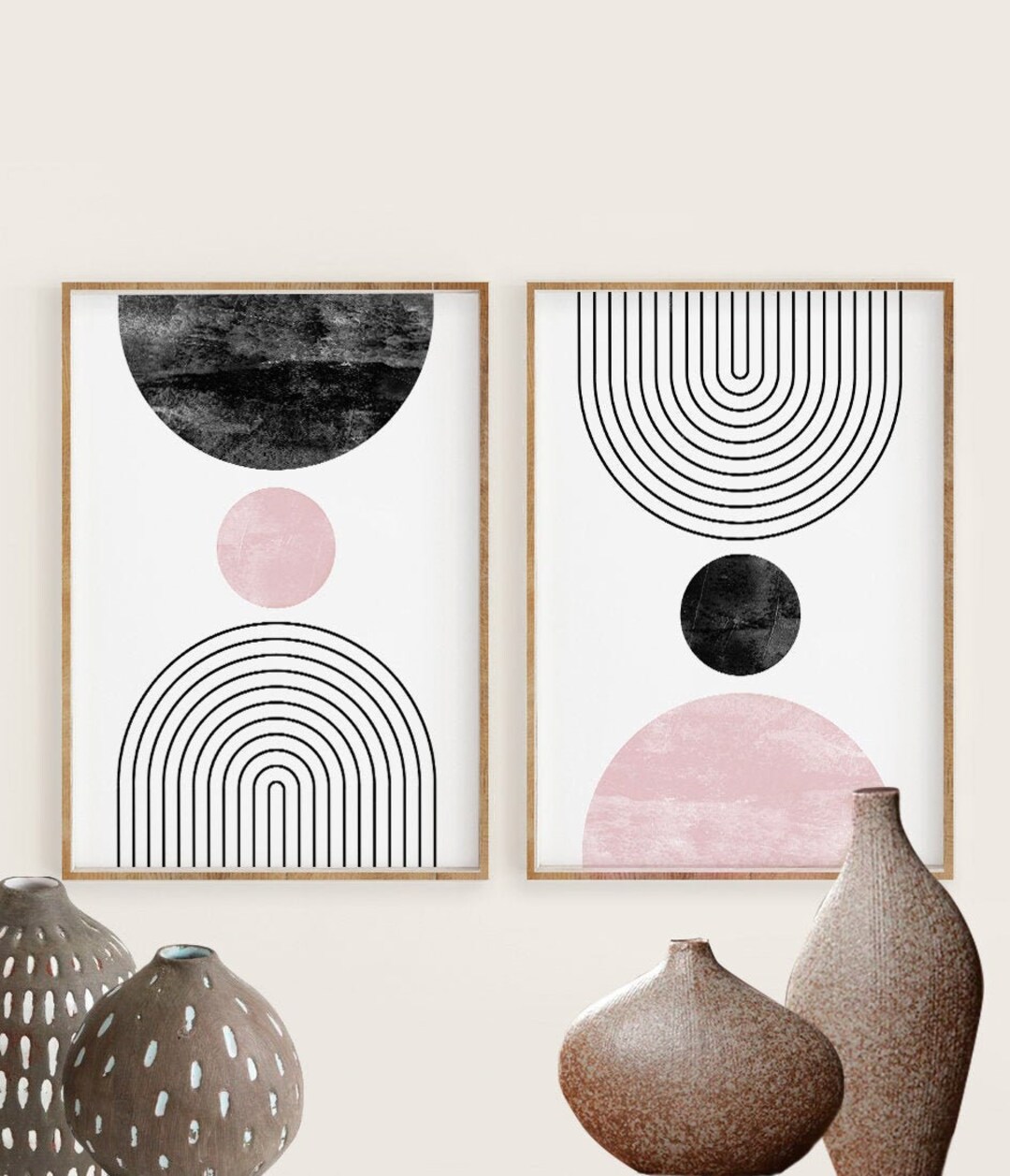 Mid Century Modern Wall Art Print Set of 2, Black Pink Abstract ...