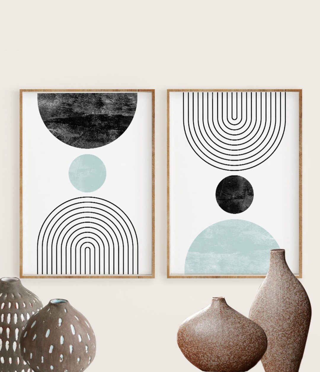 Mid Century Modern Wall Art Print Set of 2, Neutral Abstract Geometric ...