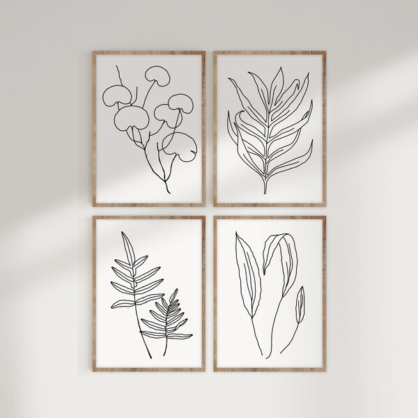 Botanical Print Set of 4, One Line Drawing Botany Prints, Fern Leaves Minimal Modern Gallery Wall Art, Printable Art, Modern Home Decor