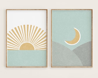 Minimal Abstract Ocean Print, Aqua and Mustard Yellow Sun & Moon Print Set of 2, Pastel Landscape Sunset, Nursery Wall Art, Digital Art