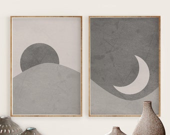 Sun and Moon Print Set of 2, Abstract Landscape, Beige Gray Printable Mid Century Modern Minimal Wall Art, Digital download, Boho Prints