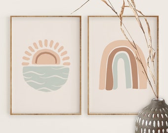 Abstract Sun and Rainbow print Set of 2, Neutral Pastel Minimal Nursery Wall Art Decor, Boho Nursery Art Printable Digital download, DIY Art