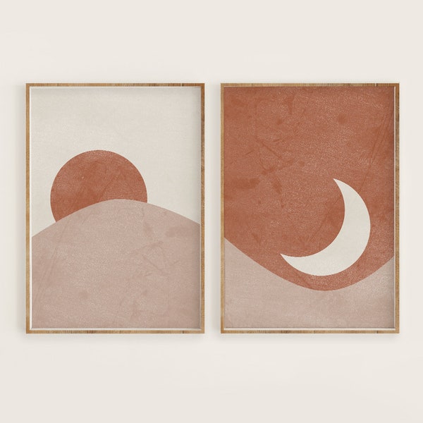 Sun and Moon Print Set of 2, Abstract Landscape, Terracotta Printable Mid Century Modern Minimal Wall Art, Digital download, Boho Prints