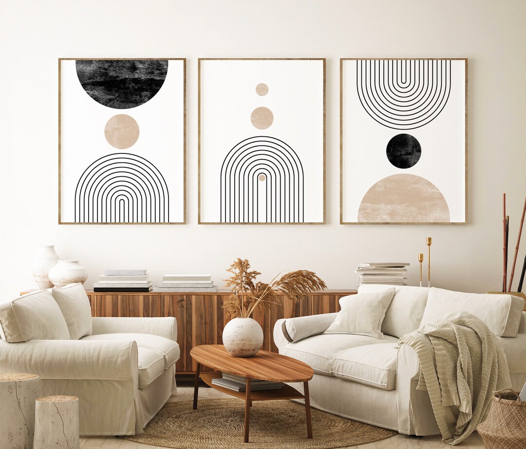 Mid Century Modern Wall Art Print Set van 3 Neutral Abstract Geometrische Digitale download Prints Zwart Wit Beige Minimal Gallery Art Etsy