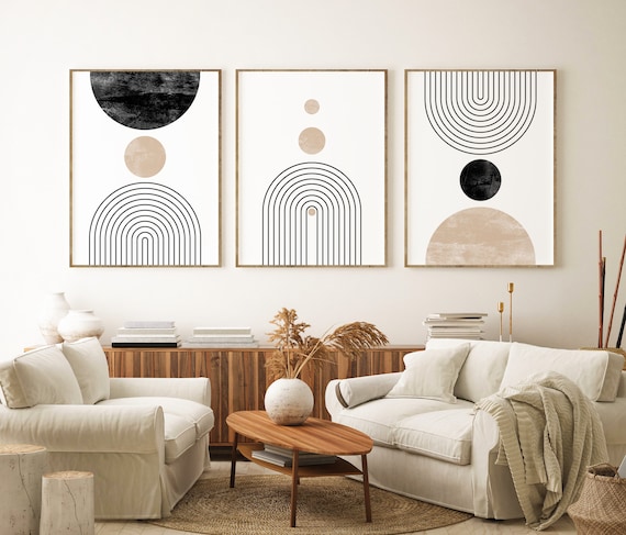 Mid Century Modern Wall Art Print Set of 3 Neutral Abstract Geometric Digital download Prints Black White Beige Minimal Gallery Art