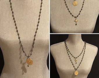 Two toned coin medallion necklace, convertible adjustable chain, gold shipwreck pirate coin, cross pendant, boho long black rosary beads