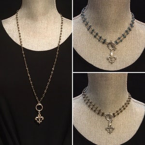 Rosary Chain Necklace with Silver Fleur de Lis pendant, convertible necklace, New Orleans Saints, Mardi Gras, Good omens and karma