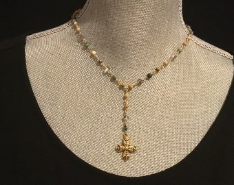 Bead and Crystal Rosary Chain Lariat, hammered heart cross pendant, boho antique gold cross necklace, Gothic medieval renaissance