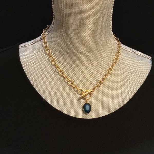 Chunky Gold Chain and Toggle Choker with teal blue crystal, crystal pendant necklace, gold layering chain, matte antique gold choker