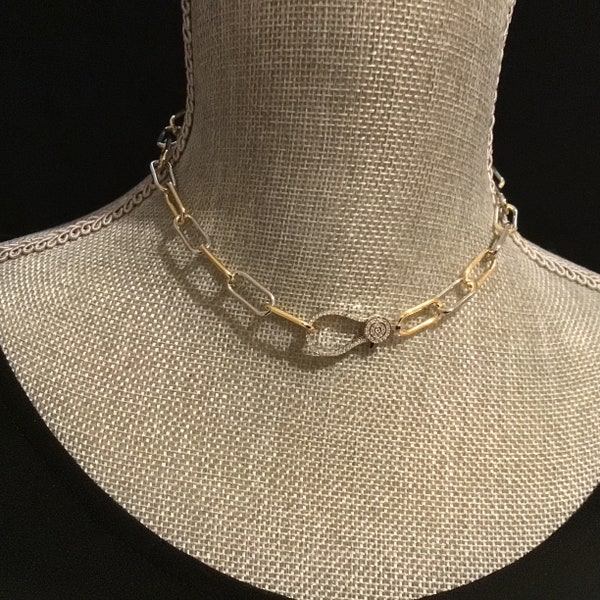 Two Tone Paperclip Chain with pave lobster claw, silver and gold chunky chain choker, paperclip chain bracelet, large link chain choker