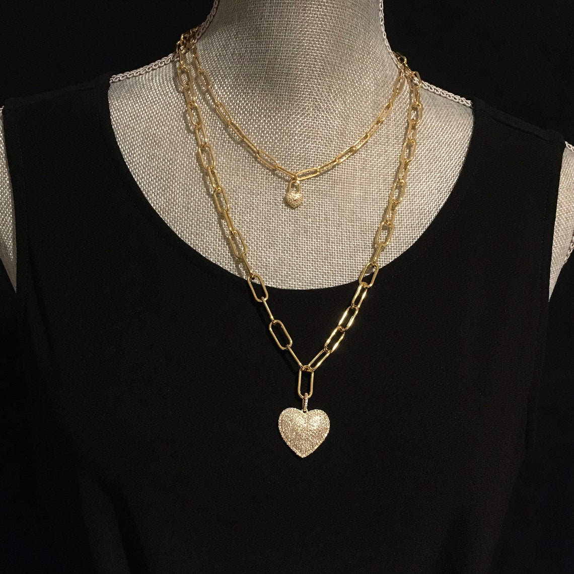 Gold Paperclip Chain Choker with Heart Pave Heart Pendant Etsy
