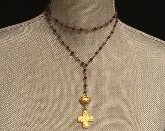 Red Bead and Crystal Rosary Chain Lariat, hammered heart cross pendant, boho antique gold cross necklace, Gothic medieval renaissance