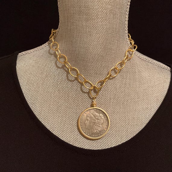 Lady Liberty Coin Necklace With Gold Chunky Chain, Large Coin