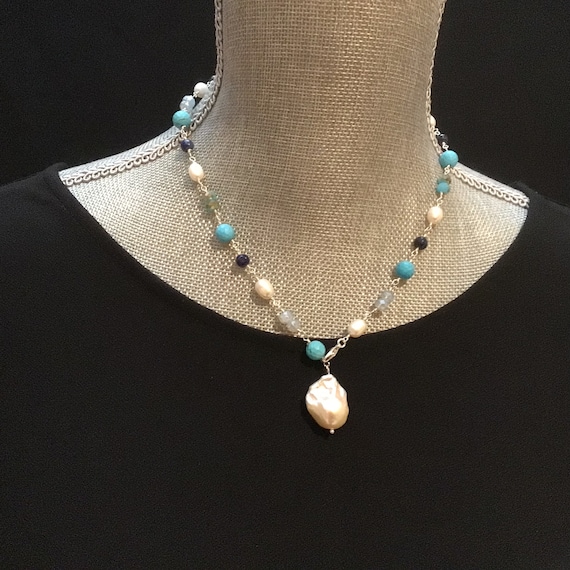 Turquoise Pearl Lariat Necklace: Sterling Silver Rosary Chain
