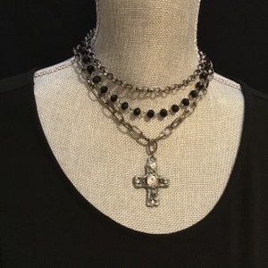 Rosary Chain Necklace Set, Medieval Rustic Cross necklace, boho beaded layered necklace set, gunmetal chain black bead rosary chain