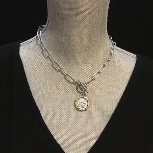 Silver Paperclip Chain Choker: Two-Tone Coin Pendant, Toggle Clasp