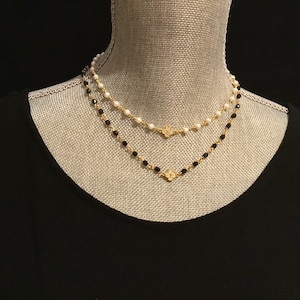 Gold Pave Quatrefoil Clover Choker: Beaded Rosary Chain Necklace