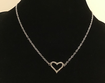 Sterling Silver Pave Heart Choker: Cubic Zirconia Pendant