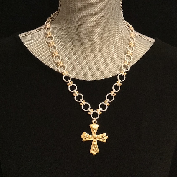 Ancient Maltese Cross Necklace with chunky two tone silver gold chain, renaissance gothic rustic ancient Maltese coptic religious spiritual