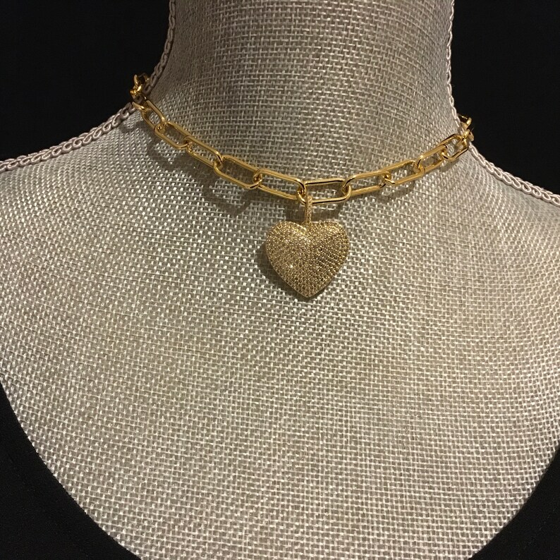 Gold Paperclip Chain Choker with Heart Pave Heart Pendant Etsy