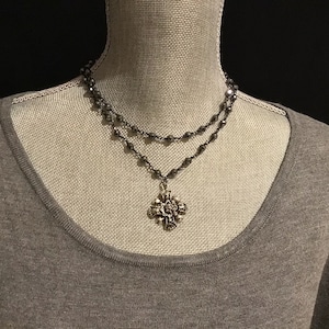 Renaissance cross necklace, hematite gunmetal rosary chain, religious Christian gift, antiqued silver cross, religious, medieval gothic
