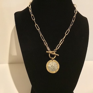 French Coin Necklace with Gold Filled Paperclip Chain and toggle, two tone French franc coin, front toggle choker, coin medallion necklace