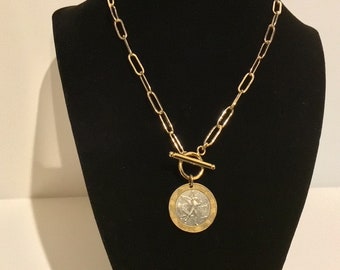 French Franc Coin Necklace with 14k Gold Filled Paperclip Chain and toggle, gold coin choker