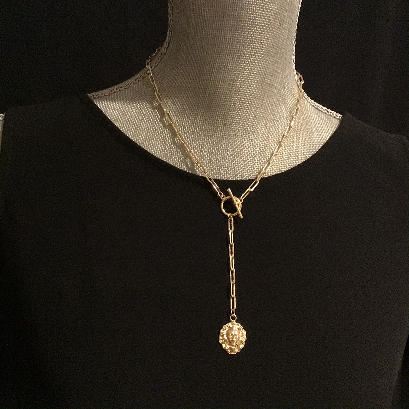 Gold Lion Lariat Necklace 14k Gold Filled Paperclip Chain Y Etsy