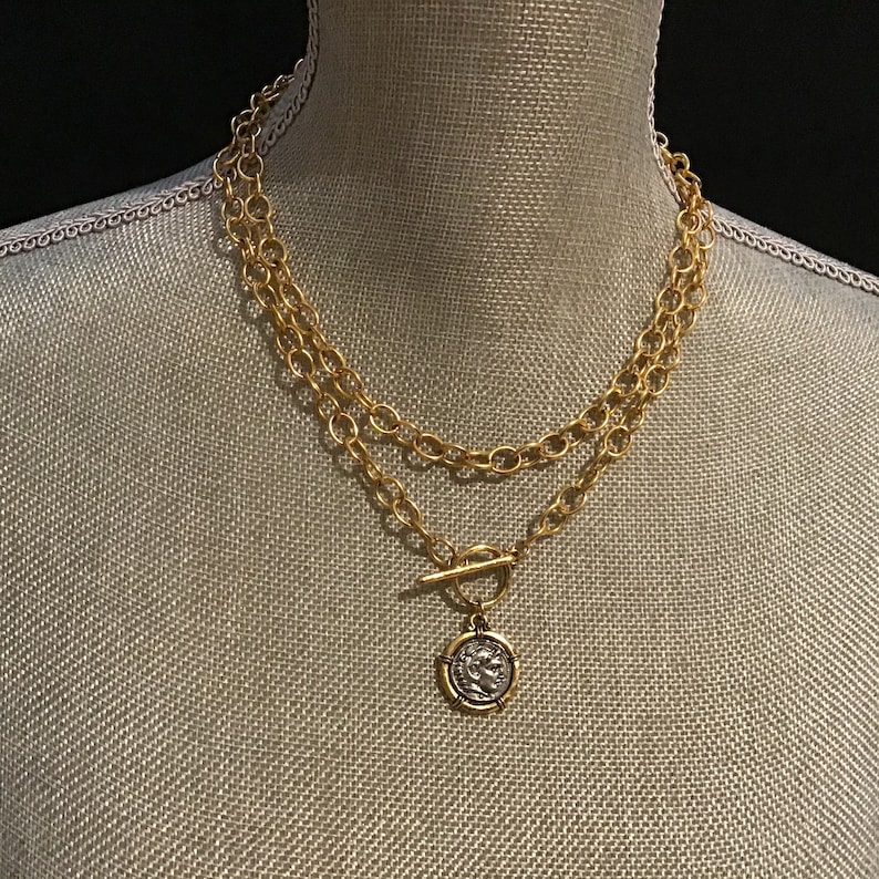 Antique Gold Chain With Greek Coin Chunky Gold Layering Chain - Etsy
